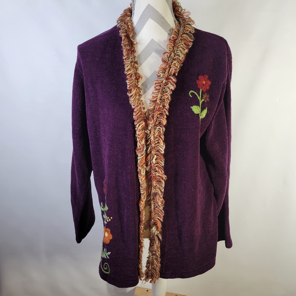 J Two New York Chenille Knit Purple Embroidered Flowers Cardigan Size XL